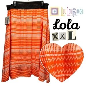 LuLaRoe Lola Lined Chiffon Midi Skirt Vibrant Striped Orange Elastic Band 20-22